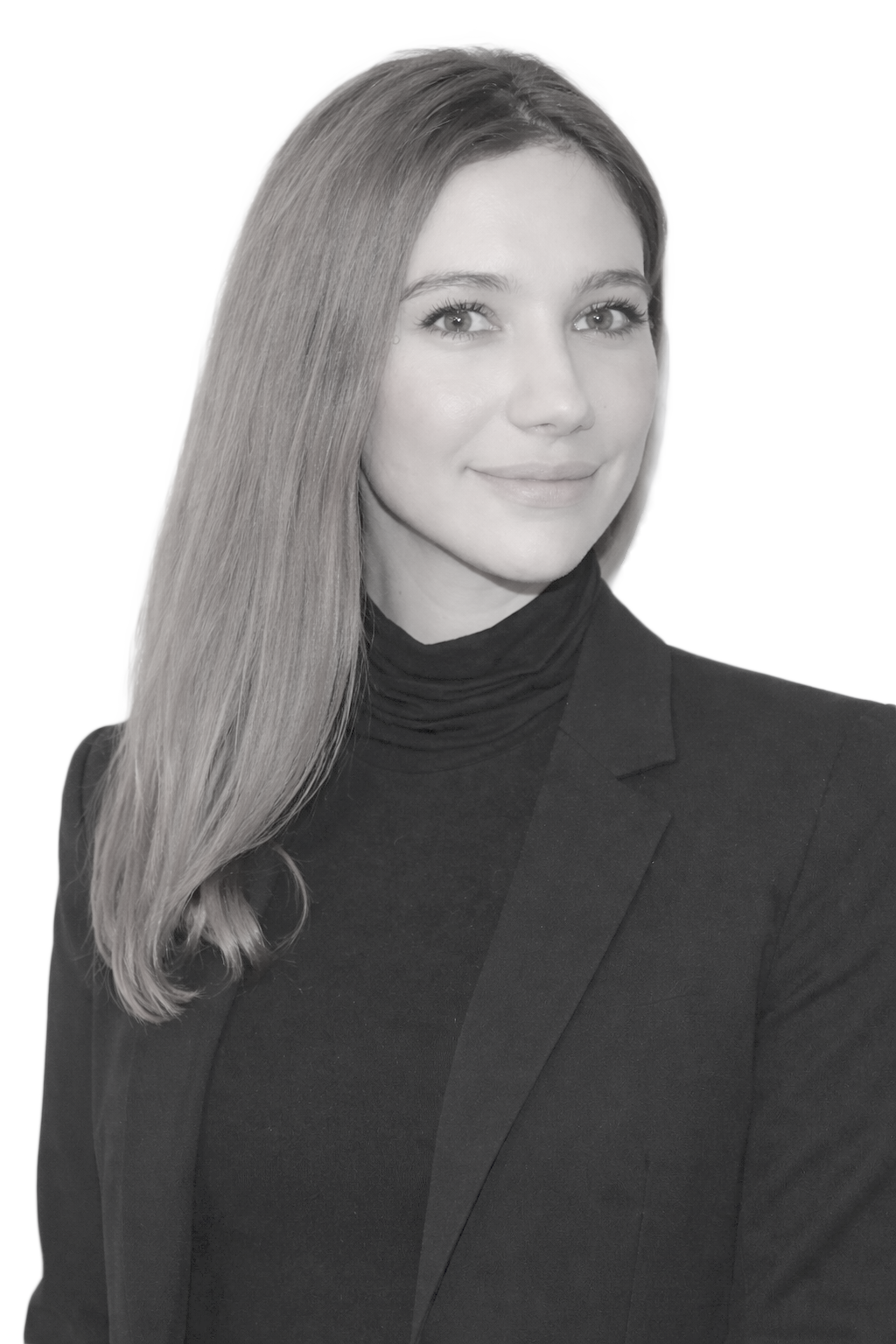 A woman with long, straight hair wearing a black turtleneck and blazer, smiling softly, posed against a plain white background.